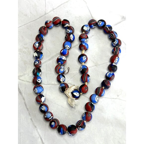 Vintage Millefiori Ghost Face Mosaic Bead Necklace 48 Handcrafted Beads 12-14mm - Picture 1 of 16